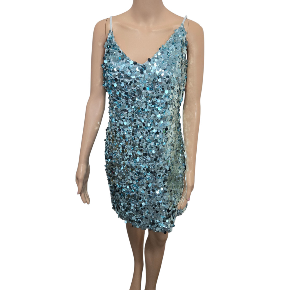 BP large blue party dress shiny sequin spaghetti strap sexy cocktail